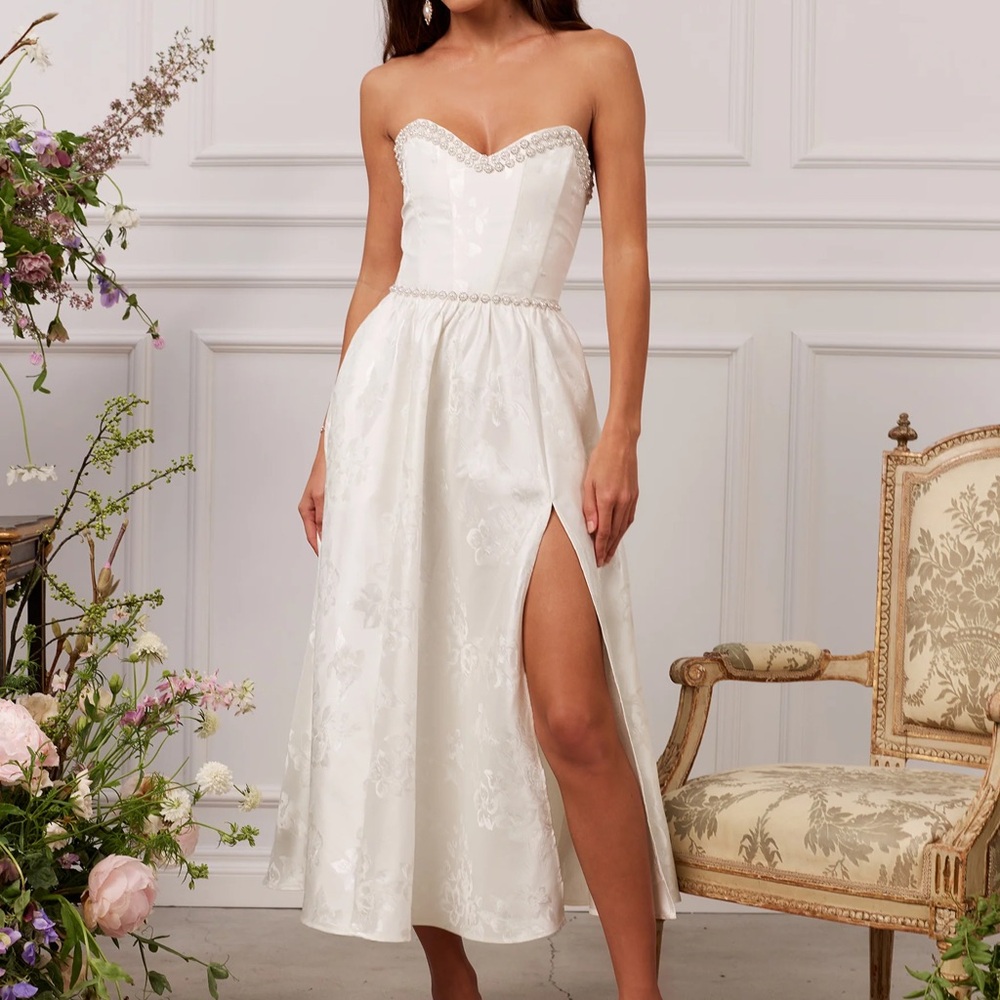 Strapless White Jacquard Midi Dress with Side Slit
